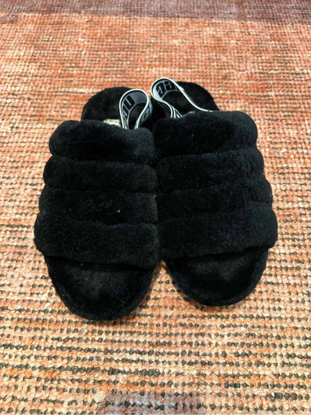 UGG Black Plush Shearling Slides with Branded Elastic Strap